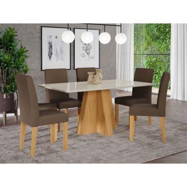 Imagem de Conjunto de Mesa de Jantar com Tampo de Vidro Off White Patrícia e 6 Cadeiras Maia Suede Mascavo e Nature