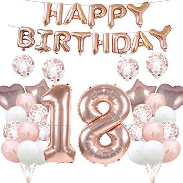 Imagem de Balão de aniversário de 18 anos decorações de aniversário de 18 anos ouro rosa 18 balões Feliz aniversário suprimentos de festa número 18 balões de mylar de folha presentes de balão de látex para meninas, meninos, mulheres, homens