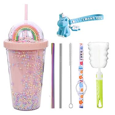Imagem de Copo de viagem arco-íris com canudo copo de festa copo de gelo para piquenique congelador caneca gelada (rosa arco-íris, 550 ml)