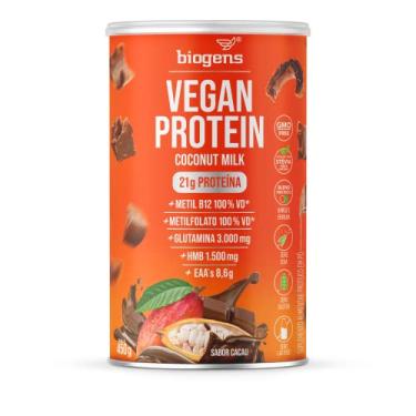 Imagem de Vegan Protein coconut milk, 21g de proteína ervilha e arroz, GMO Free, Glutamina, HMB, EAAs, Vitaminas B Metil, 450g, Biogens (Cacau)