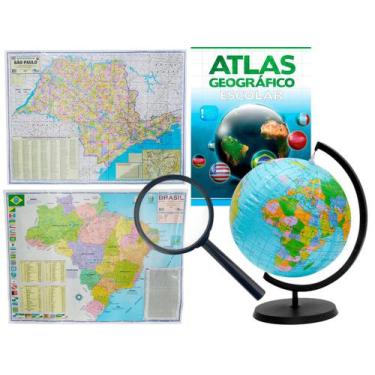 Imagem de Kit Globo Terrestre Inflável 17cm + Atlas + Lupa + Mapas Do Brasil E S