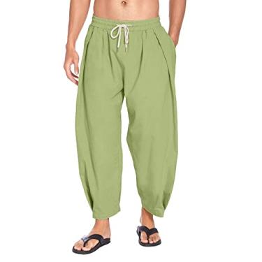Imagem de Calça masculina casual lisa tecido perna larga bolso plissado calça cordão calça moda solta antiderrapante, Verde, P