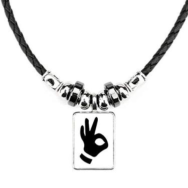 Imagem de DIYthinker Colar com padrão de contorno de gesto OK joia torque pingente de corda de couro