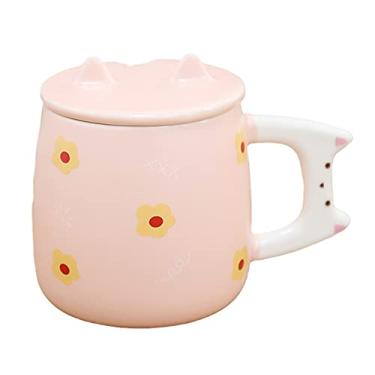 Imagem de seelucky Caneca de coelho com tampa colher caneca 3D xícara de café de cerâmica xícara de chá de coelho presente de aniversário escritório casa (flores de coelho, 350 ml)