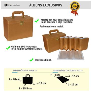 Imagem de Maleta para 600 Fotos - 6 Álbuns fotográficos 10x15 LINHO OURO Adulto Baú Box Luxo Bodas de Ouro Enlace