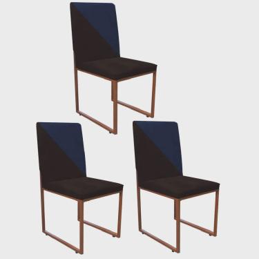Imagem de Kit 03 Cadeira Office Stan Duo Sala de Jantar Industrial Ferro Bronze Suede Marrom e Azul Marinho - Ahazzo Móveis