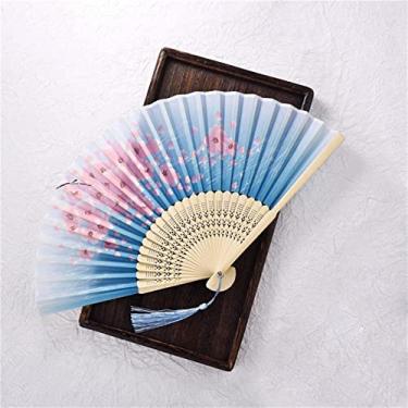 Imagem de Leque dobrável estilo vintage ventilador dobrável de seda padrão chinês japonês arte artesanato presente decoração de casa ornamentos ventilador de mão dança acessórios decorativos feitos à mão (cor: F, tamanho: 38X21cm)