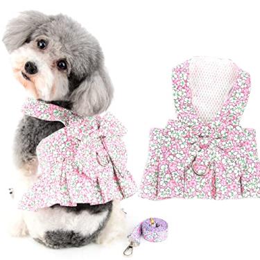 Imagem de Ranphy Vestido de cachorro pequeno com trela para animais de estimação arnês vestidos menina filhote colete roupas bonito laço plissado saia floral impresso roupas cachorrinho gato princesa camisa