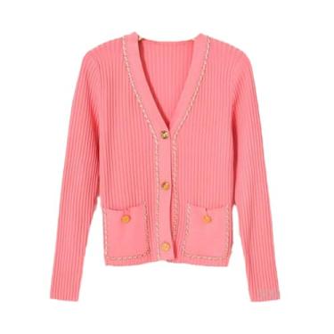 Imagem de Cardigã feminino preto de malha alta rosa outono suéter casaco branco decote em V suéter mujer tops, rosa, M
