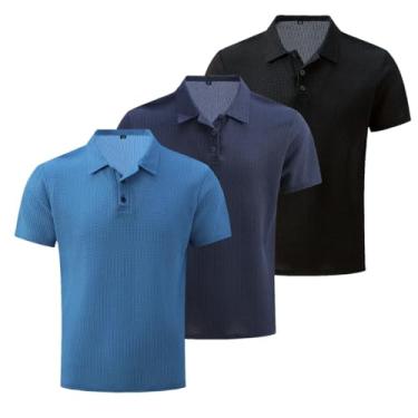 Imagem de 3 peças/conjunto de malha confortável camisa masculina elástica manga curta lapela golfe camiseta verão ao ar livre, presente para homens, Azul + azul marinho + preto, XXG