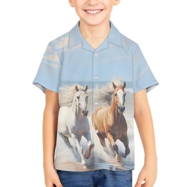 Imagem de Spowatriy Camisetas havaianas de manga curta para meninos e meninas Aloha camisa abotoada férias tropicais unissex praia verão tops, Cavalo tribal, 13-14 Years