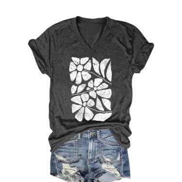 Imagem de Camiseta feminina com estampa de flores silvestres e gola V vintage flores cottage core manga curta, Cinza escuro, M