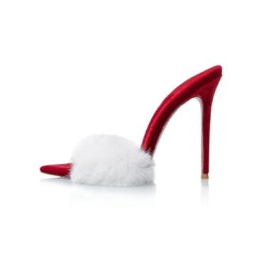 Imagem de Wwhe0514rlq Pantufas de pelúcia com bico fino, bico fino, bico aberto, elegante, vestido de festa, salto alto, Vermelho, US9 EU43