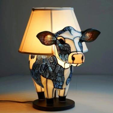 Imagem de Luminária de mesa de vaca fofa, luminária de mesa de cabeceira de vaca de fazenda, luminária de mesa pequena USB, base de madeira, luz noturna de mesa de resina LED para quarto, sala de estar, mesa de
