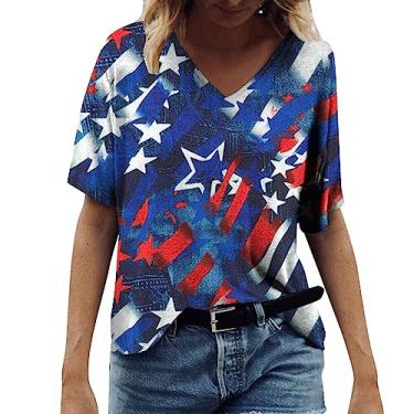 Imagem de Camiseta feminina Independent Day listrada bandeira dos EUA 4 de julho camiseta gola V manga curta roupas, Azul escuro, XXG