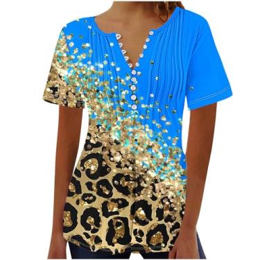 Imagem de MaMiDay Túnica feminina de verão, manga curta, estampa floral, gola V, casual, plissada, blusas modernas 2024, A02# Azul, XXG
