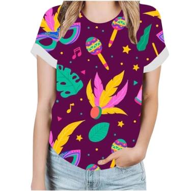 Imagem de Camisetas femininas estampadas de carnaval com estampas divertidas, de manga curta, leve, para férias, blusas elegantes, A02#multicolorido, P