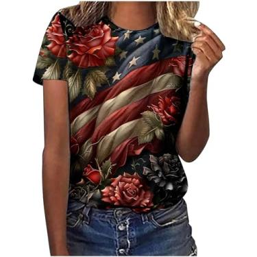 Imagem de Camisetas femininas de 4 de julho de manga curta, bandeira americana, gola redonda, camisetas estampadas modernas casuais de verão, 4 de julho 08 multicolorido, XXG