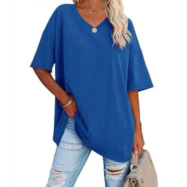 Imagem de Camiseta feminina grande de verão casual manga curta básica plus size túnica Y2K Boyfriend camiseta treino, V - azul-escuro, XXG