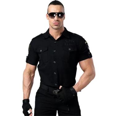 Imagem de Camisa masculina cáqui manga curta militar masculina Pilot Camo1 bolso duplo solta militar camisa masculina, Preto, G