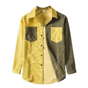 Imagem de Camisas masculinas casuais de veludo cotelê grosso de manga comprida patchwork bolso jaquetas masculinas camisas de agasalho para homens, Amarelo Army En8, G