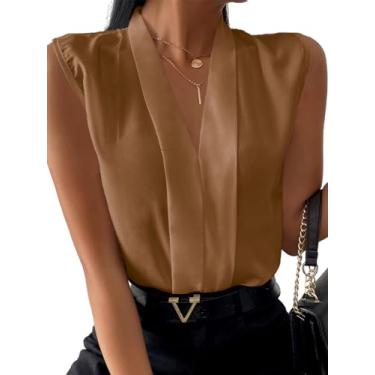 Imagem de LYANER Blusa feminina elegante com gola V plissada sem mangas chiffon para trabalho, Caqui, GG