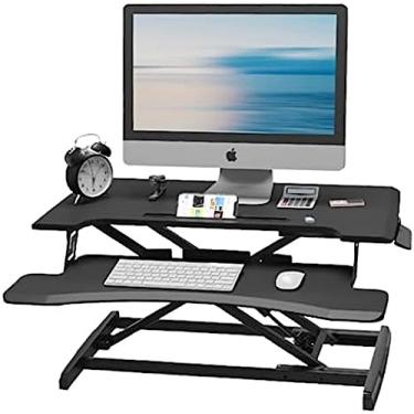 Imagem de Riser de mesa de altura ajustável com bandeja de teclado removível, riser de mesa de pé para ficar em pé ou sentado, estação de trabalho de computador com elevador de monitor duplo