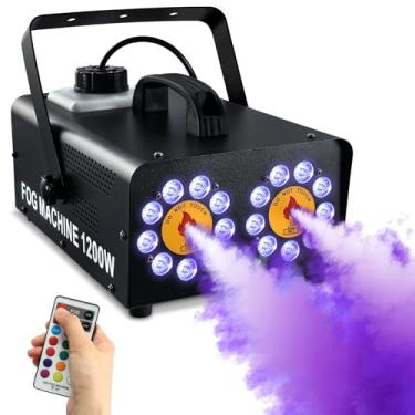 Imagem de TCFUNDY Máquina de neblina de 1200 W com 18 luzes LED, máquina de fumaça de LED horizontal com spray duplo para Halloween, 10 efeitos de luz com controle remoto