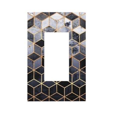 Imagem de 1 Gang Single Decorator GFCI/Rocker Placa de Parede Abstrata Moderna Grade Cúbica Preto Cinza Ombré Dourado Textura de Mármore Tomada Elétrica Decorativa Receptáculo Tampa Interruptor de Luz para