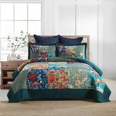 Imagem de ENASAL Conjuntos de colcha de algodão reversível, colcha de cama, edredom, colcha vintage floral turquesa, tamanho king