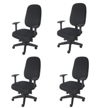 Imagem de Kit 4 Unidades Cadeira Escritório Secretária Giratória com Braço Regulável em Couro Preto