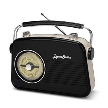 Imagem de ByronStatics Rádio FM preto portátil – rádio pequeno vintage/retrô com grande mostrador giratório analógico – plugue de alimentação ou rádio a bateria AA de 4 x 1,5 V – rádios portáteis com conector de fone de ouvido