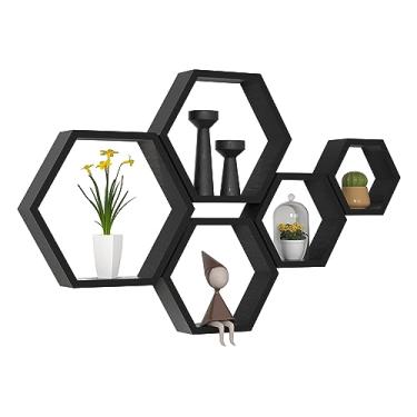 Imagem de WONFUlity Conjunto de 5 prateleiras flutuantes hexagonais, prateleiras de favo de mel montadas na parede, prateleira de parede de madeira para banheiro, cozinha, quarto, sala de estar, decoração de parede com acabamento de madeira flutuante, preto