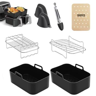 Imagem de TuTuYa Acessórios para fritadeira a ar, conjunto de 8 para Ninja Dual DZ201/401 e a maioria de 8 a 10 litros, inclui 2 prateleiras duplas de fritadeira a ar e 2 forros de silicone para fritadeira a ar