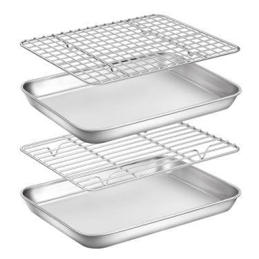 Imagem de Conjunto de assadeira com rack, conjunto de 4 (2 folhas + 2 prateleiras), assadeira de aço inoxidável com grade de resfriamento, não tóxica, resistente e fácil de limpar - Tamanho de 23 cm