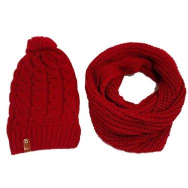 Imagem de Conjunto Kit Touca Pompom E Cachecol Liso Gola Infinita De Lã Tricot E