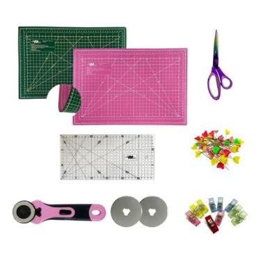 Imagem de Base Corte Rosa Verde Cortador 45mm + 2 Laminas Régua 15x30 Tesoura de