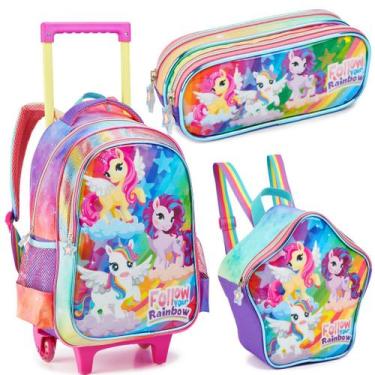 Imagem de Kit Mochila Rodinhas Lancheira Estojo Escolar Unicornio - Denlex