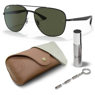 Imagem de Ray-Ban RB3683 Óculos de sol quadrados com kit de óculos – protetores de nariz ajustáveis – óculos de sol quadrados casuais, Armação preta polida | Lente verde G-15, 56mm