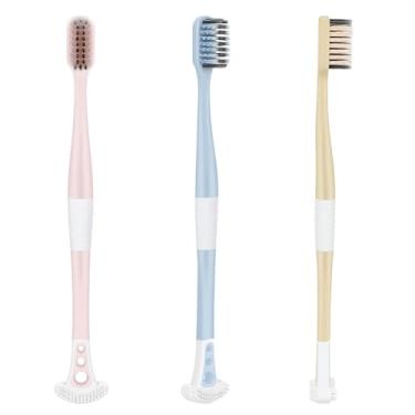 Imagem de Escova de dentes extra macia com raspador de língua – esfregão de língua com cerdas de fio dental para dentes e gengivas sensíveis, escova de higiene dental para viagem, hálito fresco para adultos e