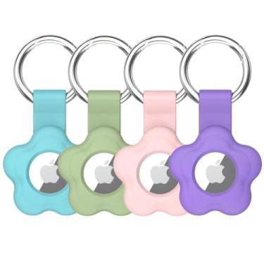 Imagem de Alsukeay Pacote com 4 capas para AirTag Tracker com chaveiro, flor, capa protetora de silicone com argola para crianças, animais de estimação, carteira, mochilas de bagagem (azul/verde/rosa/roxo)