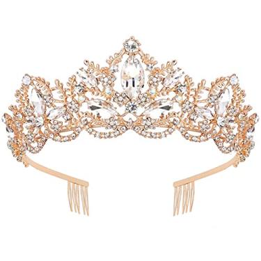 Imagem de Exacoo Tiara e coroa de ouro para mulheres, coroa de cristal com pente de strass, tiara de princesa para meninas, acessórios de cabelo de casamento para festa de despedida de solteiro, noiva, damas de honra, noiva, baile, fantasia de Halloween, cosplay