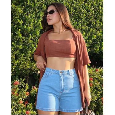 Imagem de Shorts jeans mom feminino cintura alta básico com elastano 70201 - CON