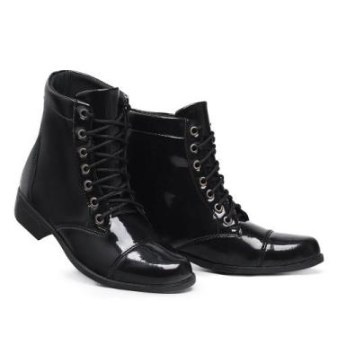 Imagem de Bota Coturno Feminino Cano Curto Salto Baixo Preto Brilhoso - GMM SHOE
