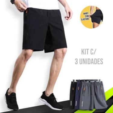 Imagem de Kit c/ 3 Bermudas CORRIDA Academia Bolso Zíper Tecido Gelado com Elast