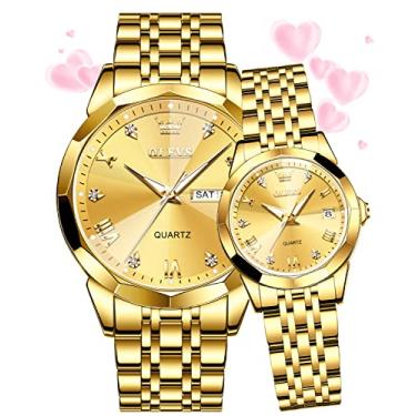Imagem de OLEVS Relógio de pulso masculino e feminino masculino e feminino de aço inoxidável à prova d'água luminoso com data, Relógios de casal, ouro,