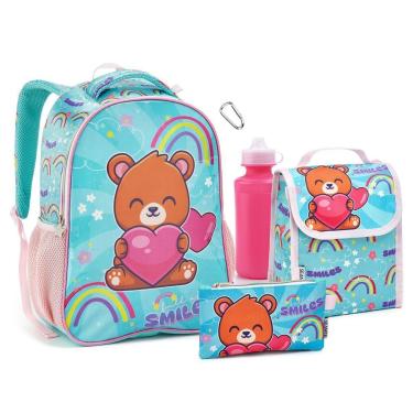 Imagem de Kit Mochila Costas Lancheira Estojo Garrafa Infantil Urso Coração Escolar Seanite-Feminino