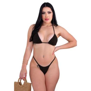 Imagem de Biquíni Feminino Cortininha Lurex Sem Bojo Calcinha Fio Dental e Tira 