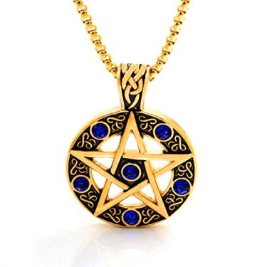 Imagem de Colar masculino vintage de aço inoxidável pentagrama da vida, pentagrama pagão, pingente de motociclista, azul dourado, corrente de 61 cm