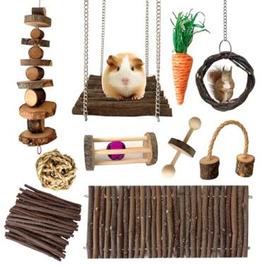 Imagem de Syhemtya Brinquedos de chinchila, brinquedos para mastigar hamster, brinquedos de porquinho-da-índia, brinquedos de rato, acessórios de gaiola de hamster, conjunto de acessórios de madeira de maçã,